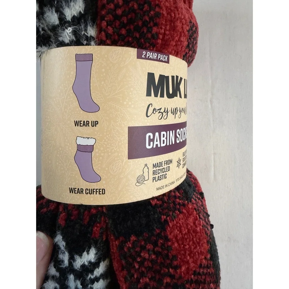 Muk Luks Cabin Socks 2 Pack Red Buffalo Plaid Snowflake Faux Fur Lined S/M